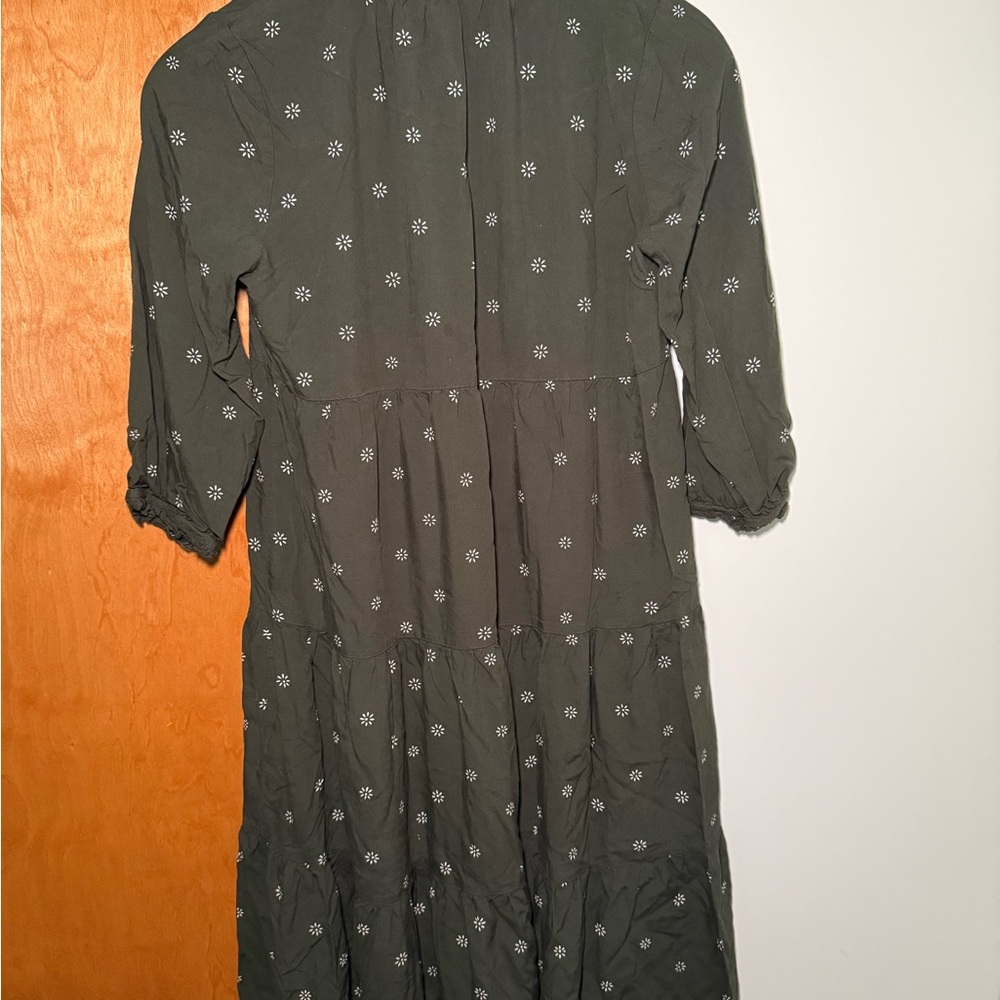 Madewell Dark Green Floral Long Sleeve Dress Tiered tie midi dress stardot - Picture 6 of 12